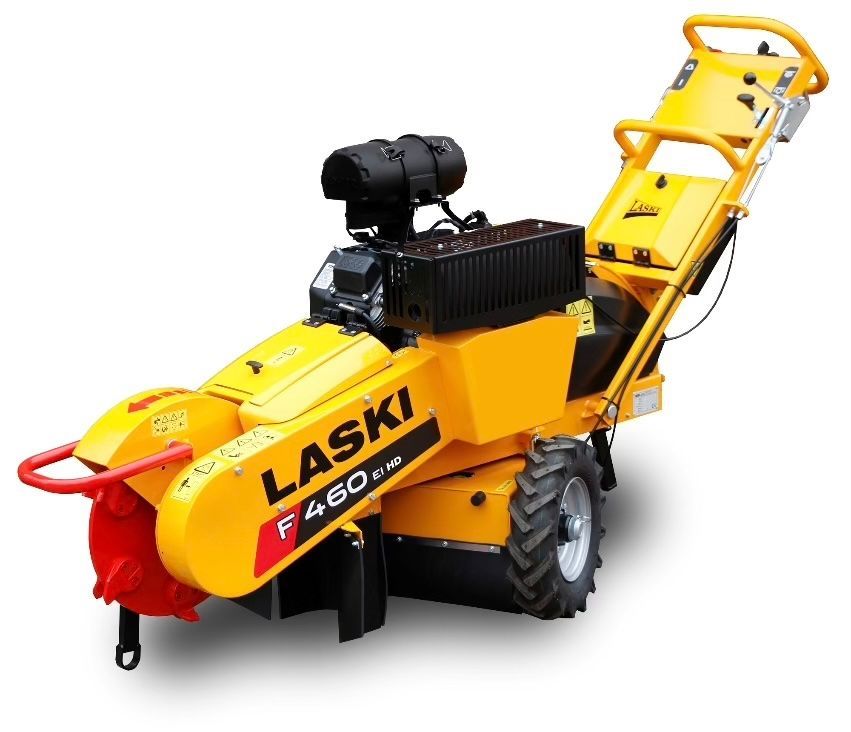 Eine gelbe Laski Stubbenfräse auf weißem Hintergrund