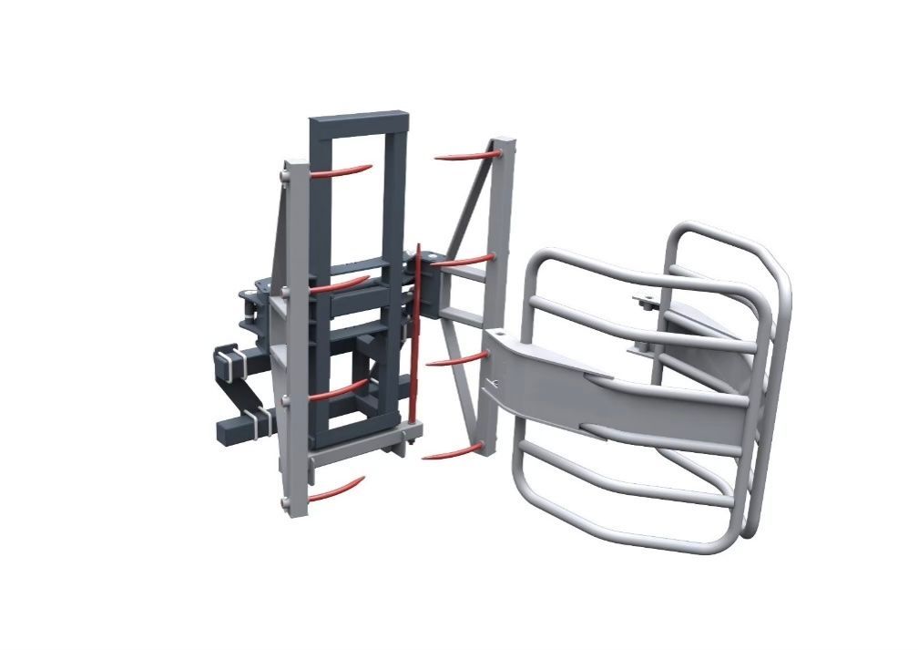 Ein 3D-Modell einer Heuballenklammer auf weißem Hintergrund.