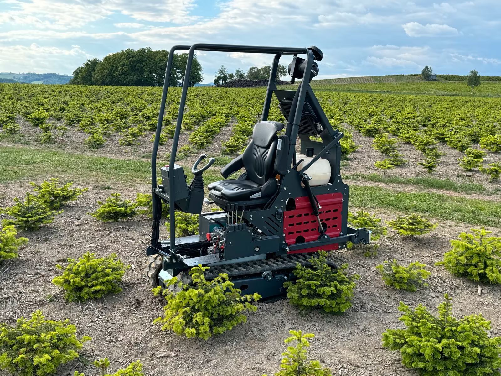 Eine Maschine steht mitten in einem Feld voller Bäume.