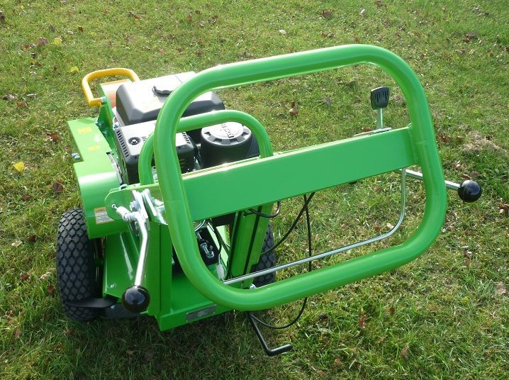 Ein grüner Rasenmäher steht im Gras