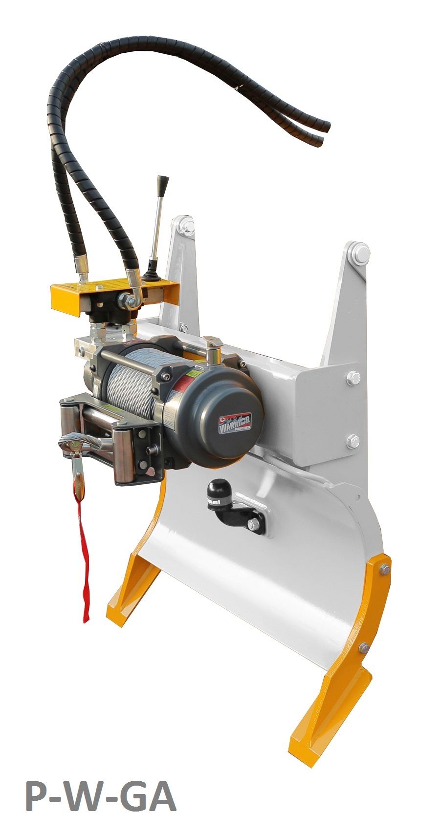 Eine weiß-gelbe Maschine mit einer daran befestigten Winde.