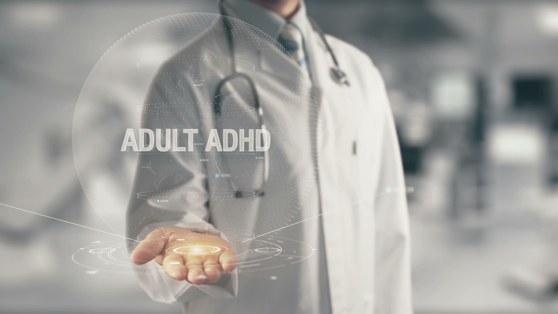 Doctor in white coat holding out a glowing hand with “ADHD” text over a blurred clinic background