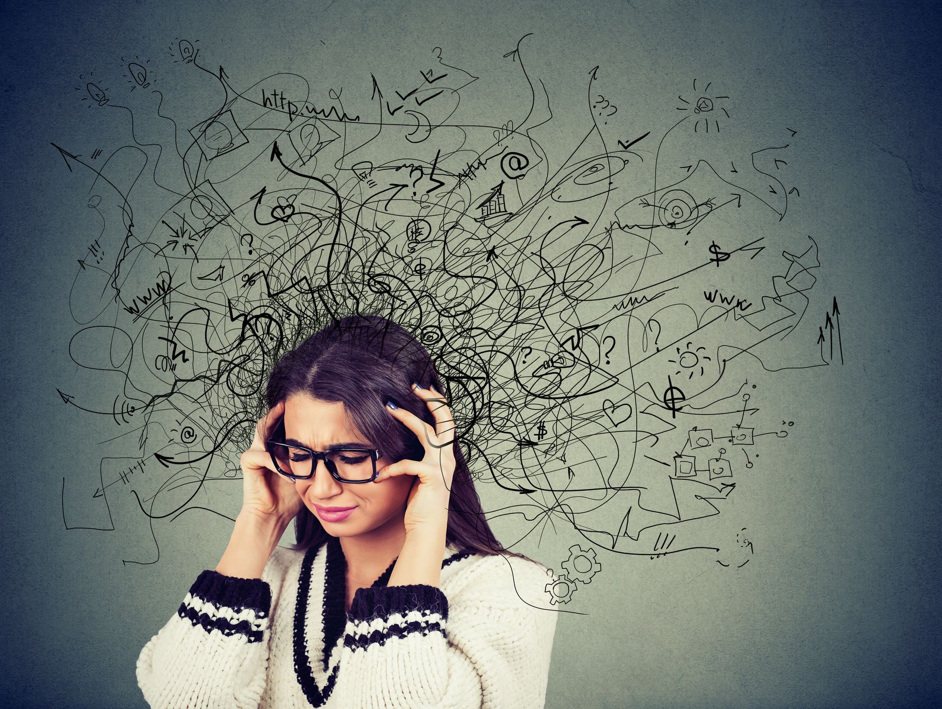 A person with glasses holding their head in distress, surrounded by chaotic, dark scribbles representing a troubled mind.