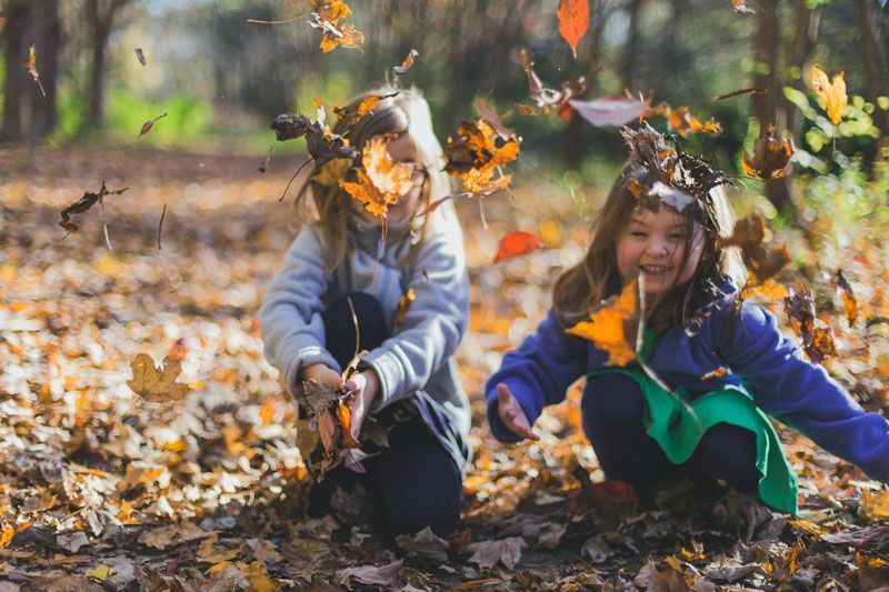 kids playing outside in leaves