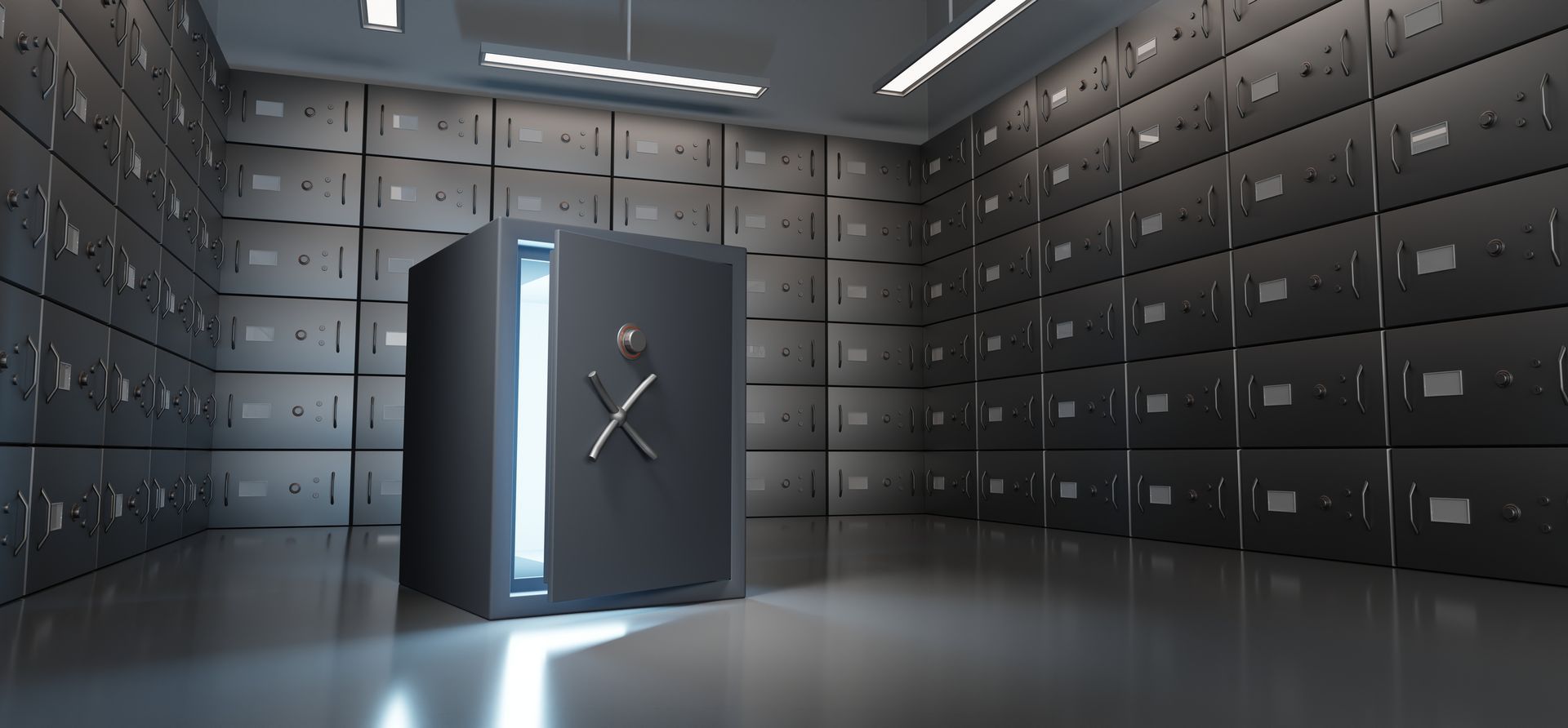 A dark, secure vault with a large, illuminated server or safe. Rows of storage units fill the walls.