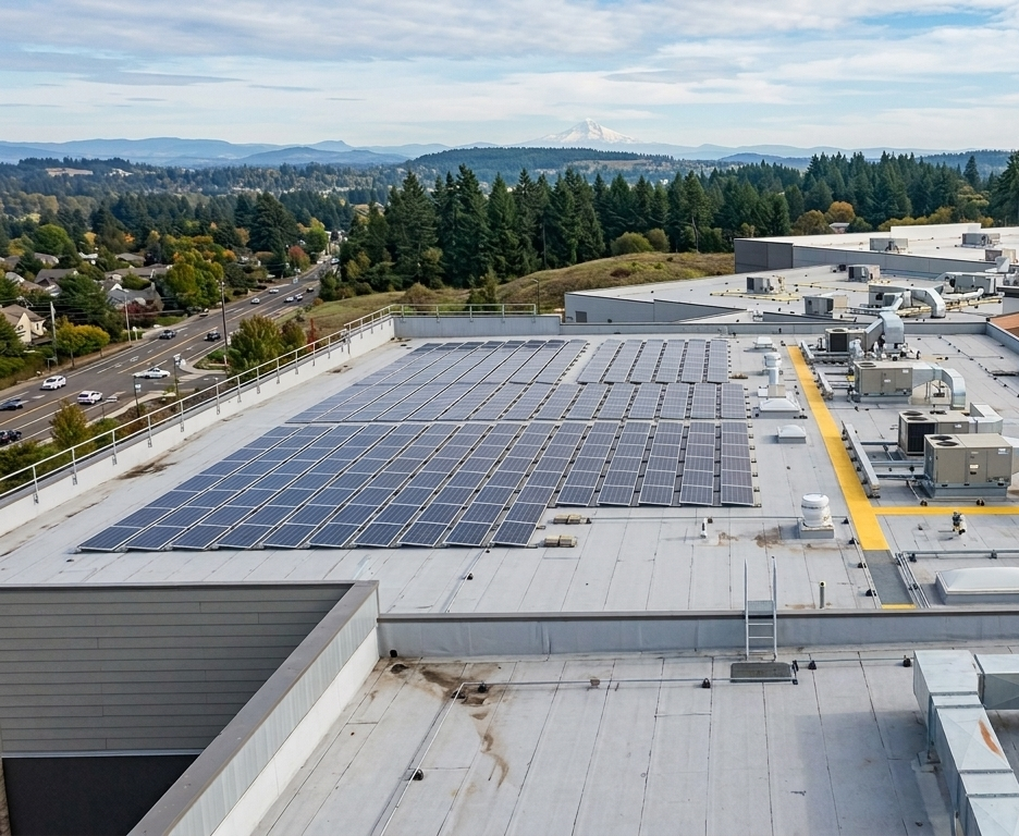 A solar panel array on a flat commercial rooftop, overlooking a road, surrounding trees, and distant mountains.