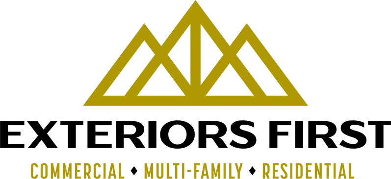 A gold line-art mountain logo above the text "EXTERIORS FIRST" followed by "COMMERCIAL &bull; MULTI-FAMILY &bull; RESIDENTIAL".