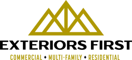 A gold line-art mountain logo above the text "EXTERIORS FIRST" followed by "COMMERCIAL &bull; MULTI-FAMILY &bull; RESIDENTIAL".