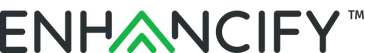 The Enhancify logo, featuring dark gray text with a stylized, green double-arrow chevron replacing the letter