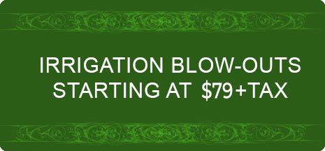 A green sign that says `` irrigation blow-outs starting at $ 79 + tax ''.