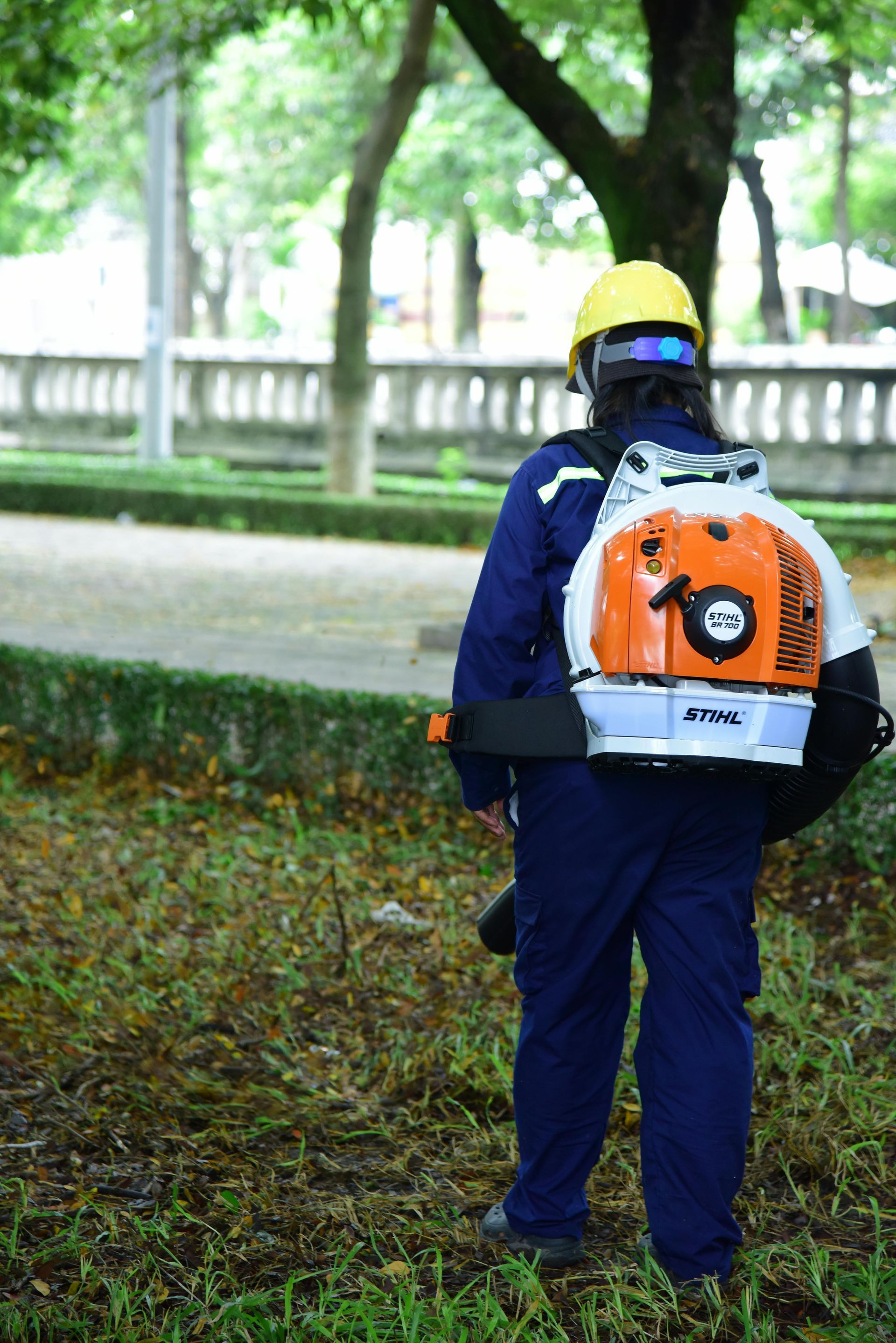 Person in blue coveralls and yellow hard hat using a leaf blower in a park.