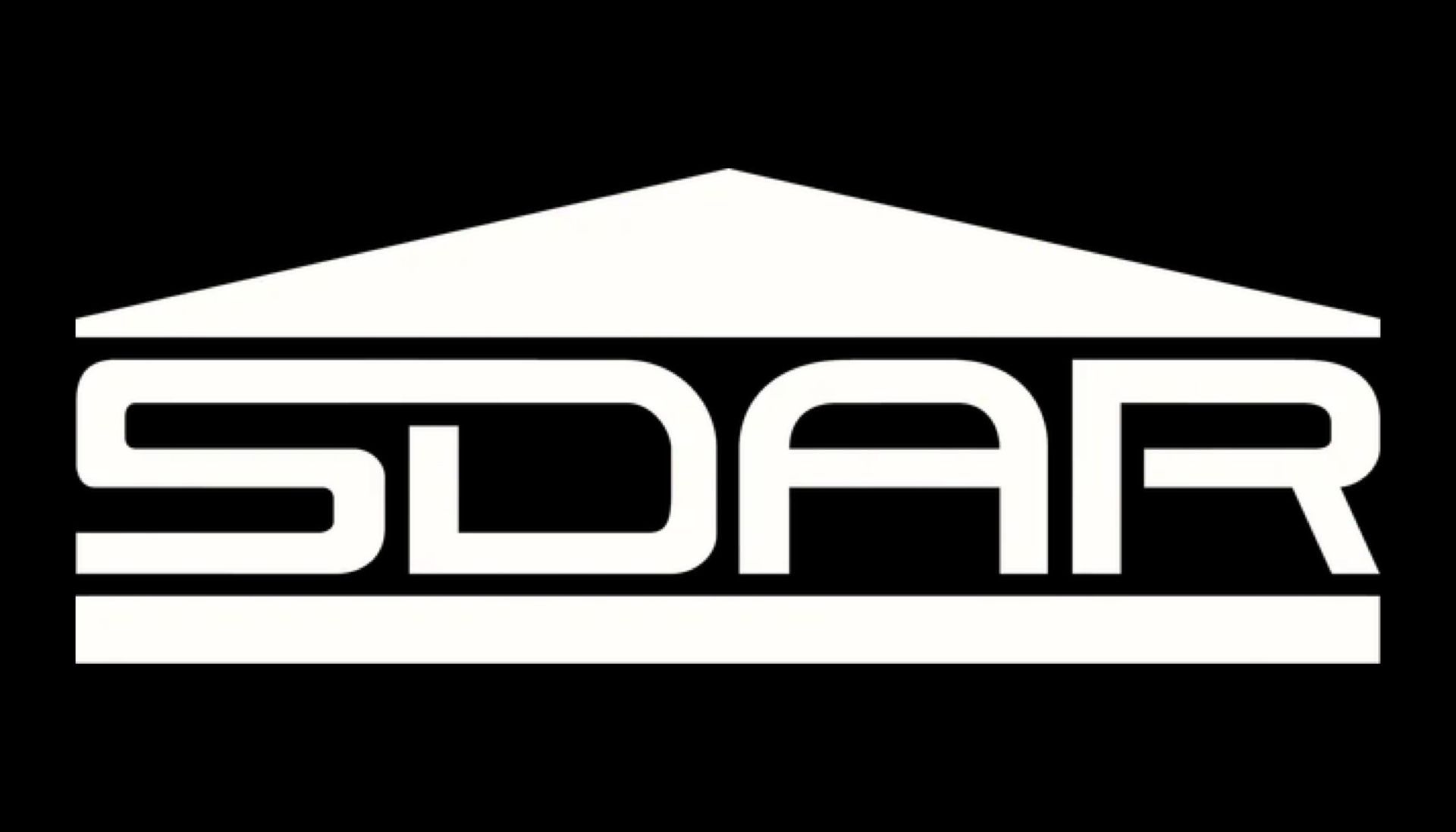 White SDAR logo, letters inside a roof-shaped design, on a black background.