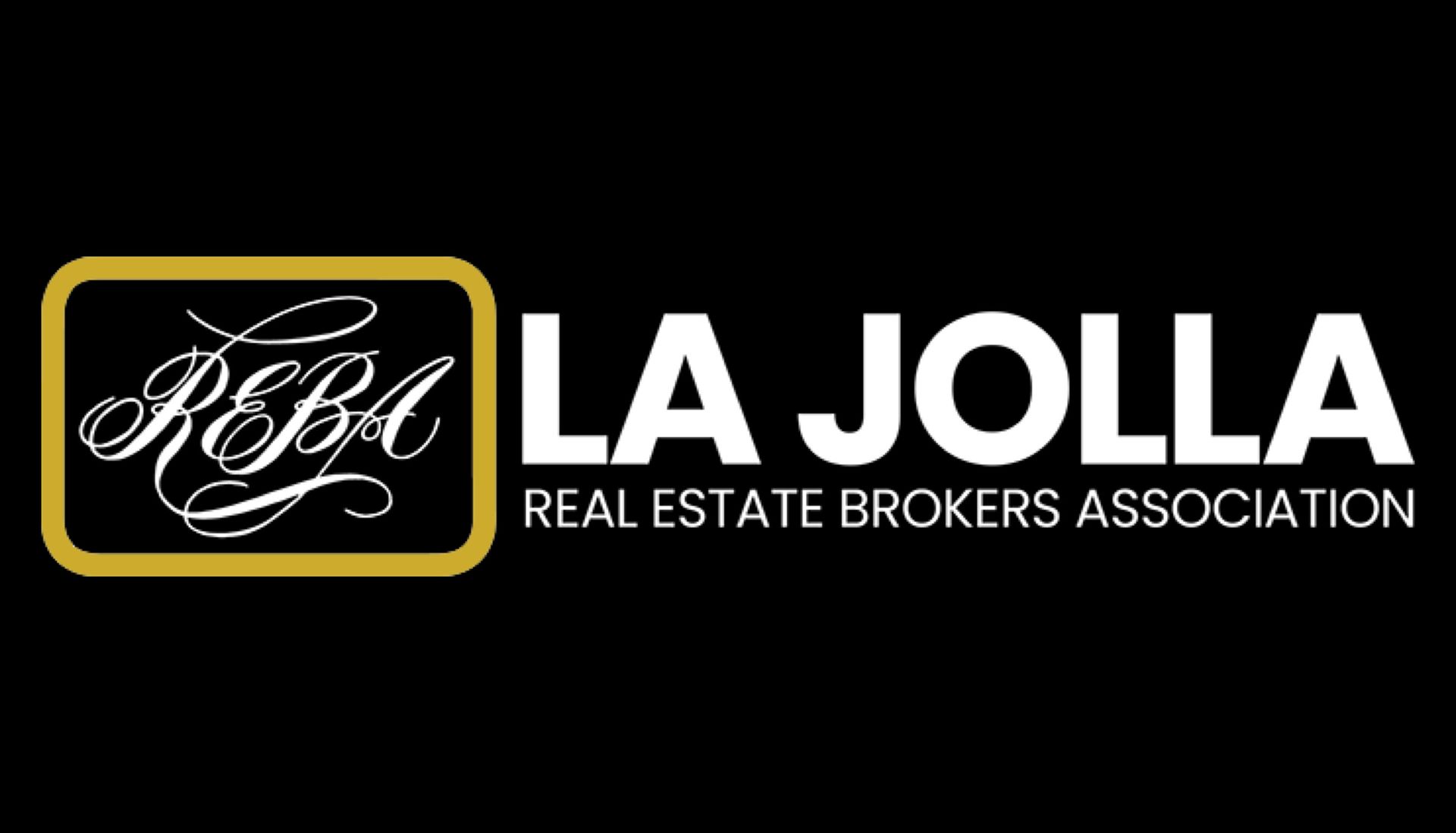 Logo for La Jolla Real Estate Brokers Association. Contains gold-bordered box with "REBA" script and white "LA JOLLA" text.