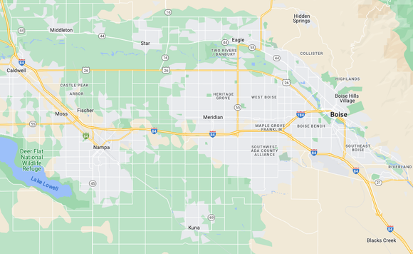 Area of service map for Bulldog Heating and Air showing the Treasure Valley area of Idaho.