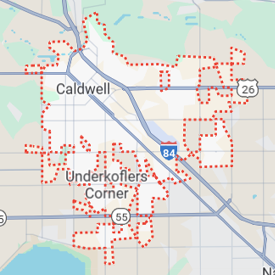 Map showing HVAC equipment replacement coverage area in Caldwell by Bulldog Heating and Air