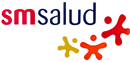 Logotipo con el texto “smsalud” y tres figuras abstractas en amarillo, naranja y rojo.