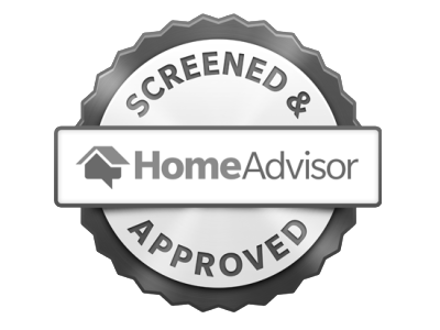 A black and white badge that says screened and homeadvisor approved
