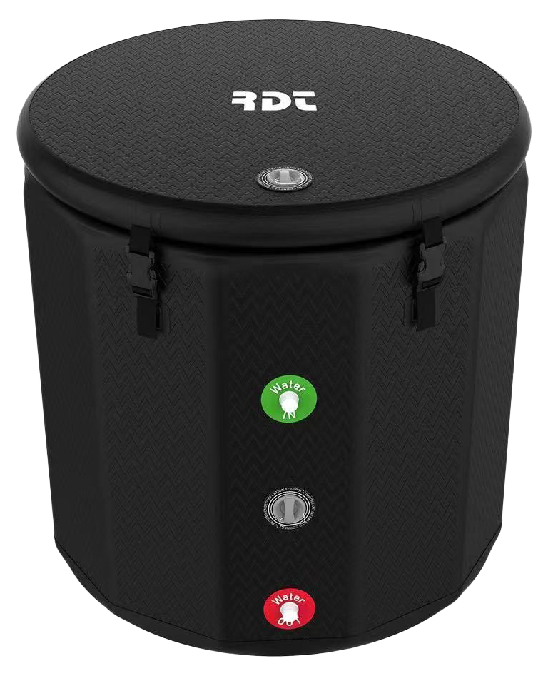 A black cold plunge tub with the rdt logo on it