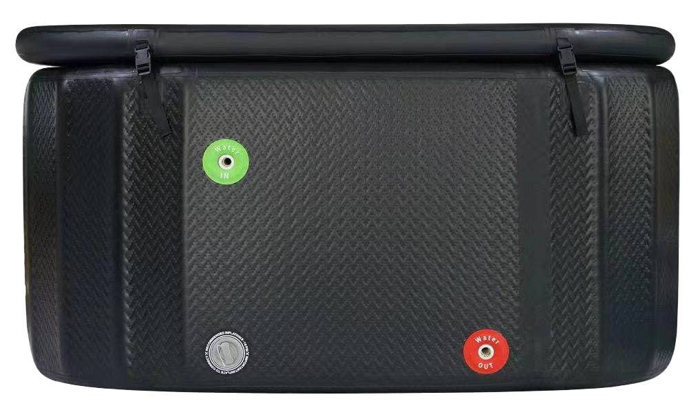 A black cold plunge tub with the rdt logo on it