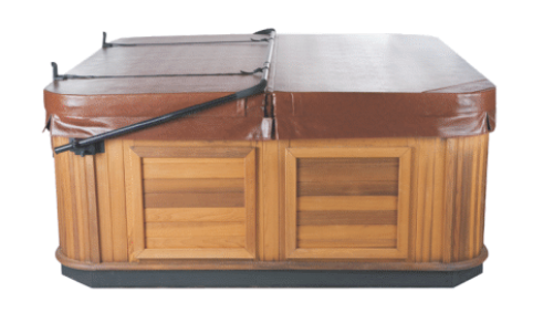 A hot tub with the cover open on a white background example of cover lift