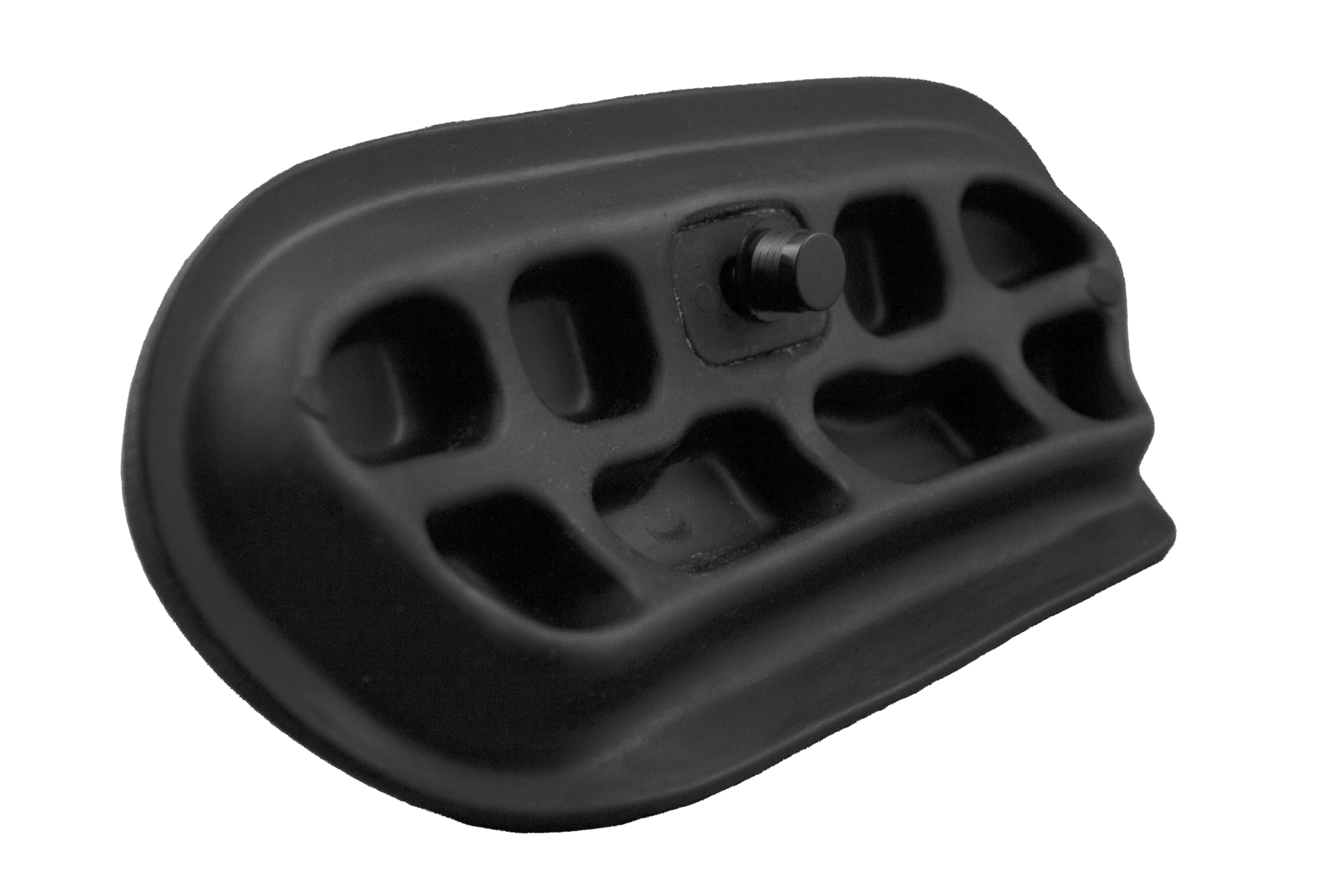 A close up of a black spa pillow on a white background