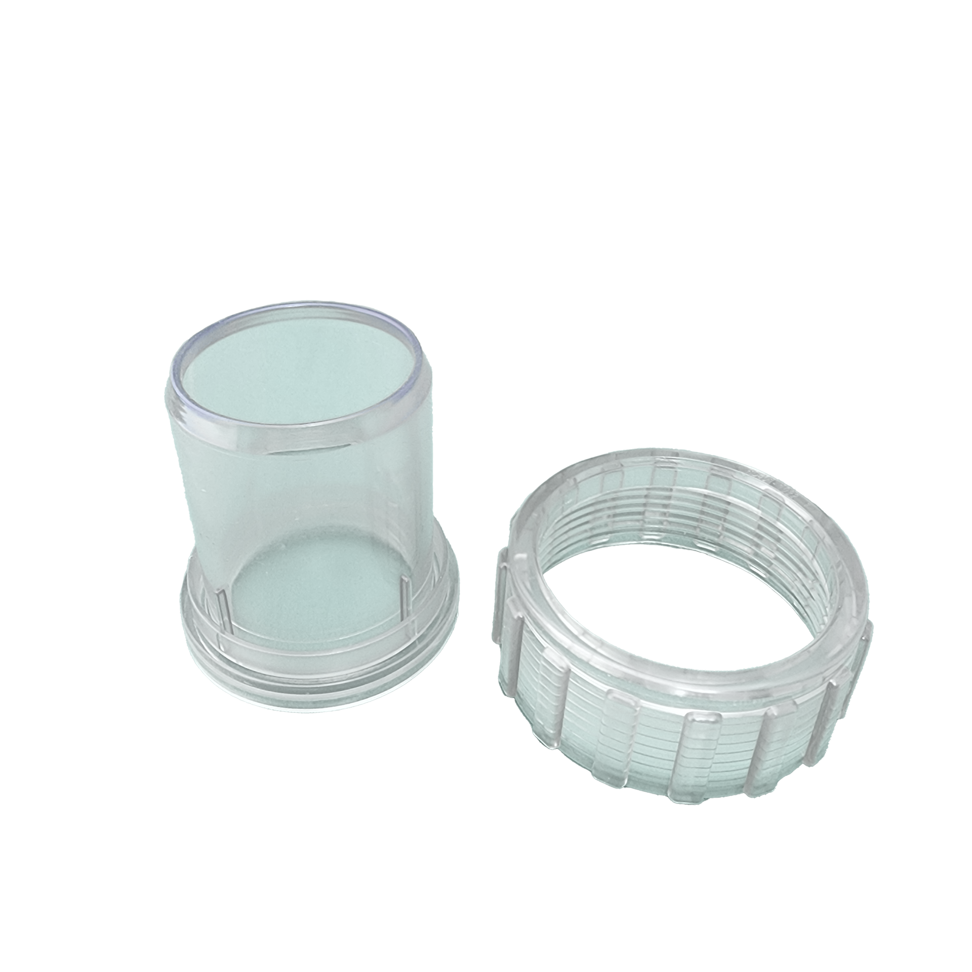 A clear plastic pump union assembly on a white background.