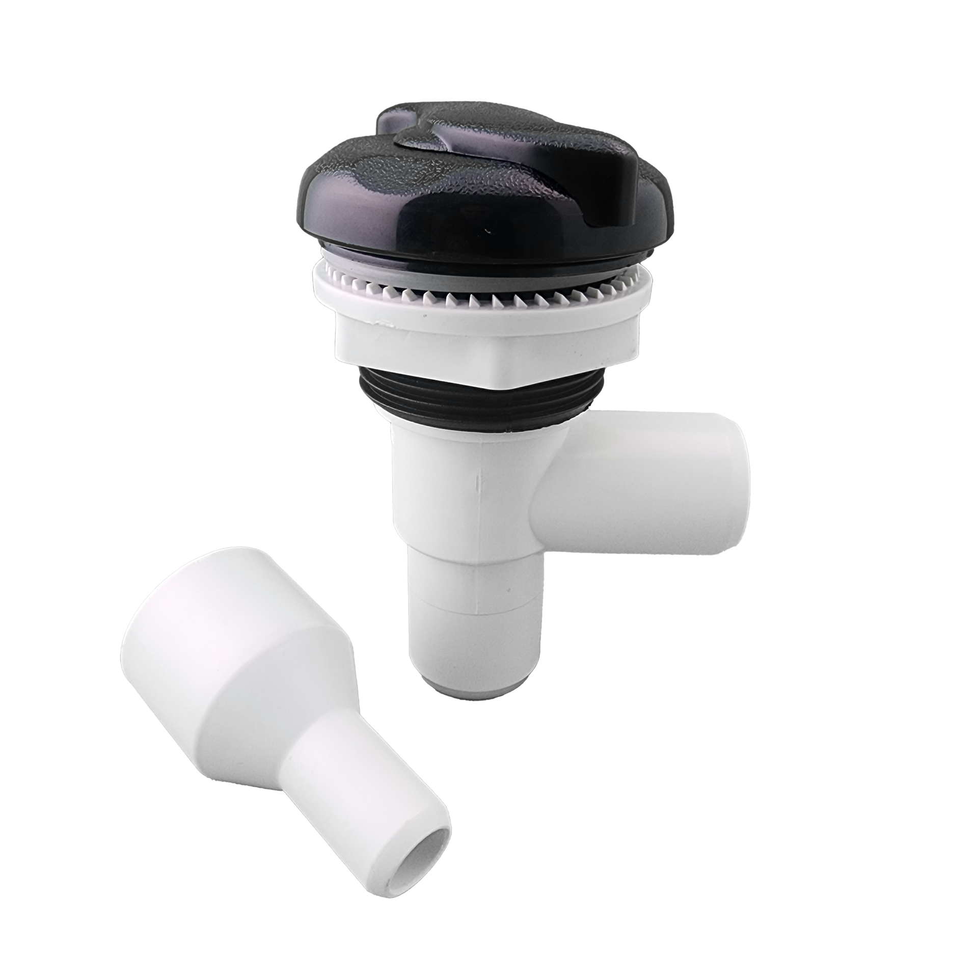 A white valve assembly with a black cap on a white background.