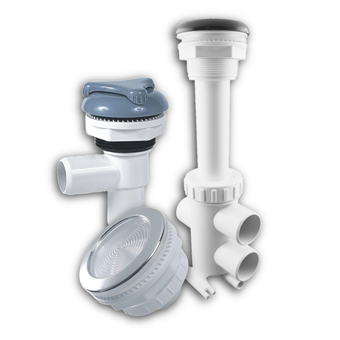A variety of spa and hot tub fittings on a white background