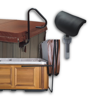 A variety of spa and hot tub accessories on white background.