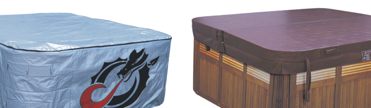 Two examples of covers for a hot tub are sitting next to each other on a white background.