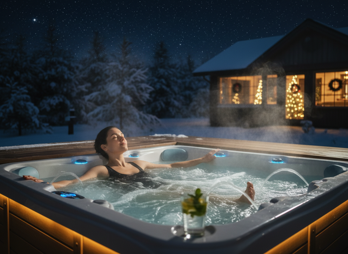 Relaxing in a hot tub, using hydrotherapy to relieve holiday stress and restore mental balance