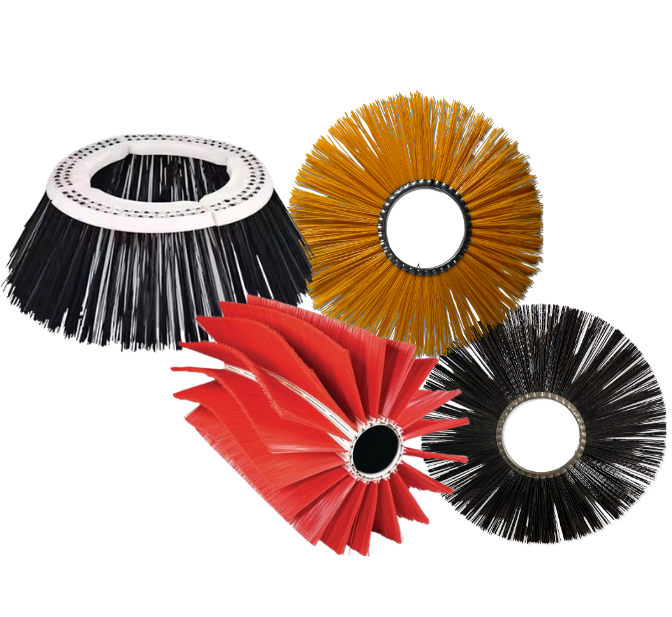 Four rotary brush wheels in black, orange, red, and black, arranged on a white background