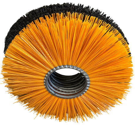 Orange and black cylindrical wire brush wheel with a metal center hole