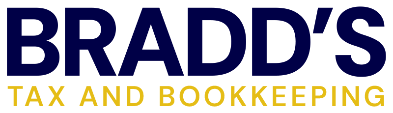 BRADD'S, navy blue text over "TAX AND BOOKKEEPING" in gold text.