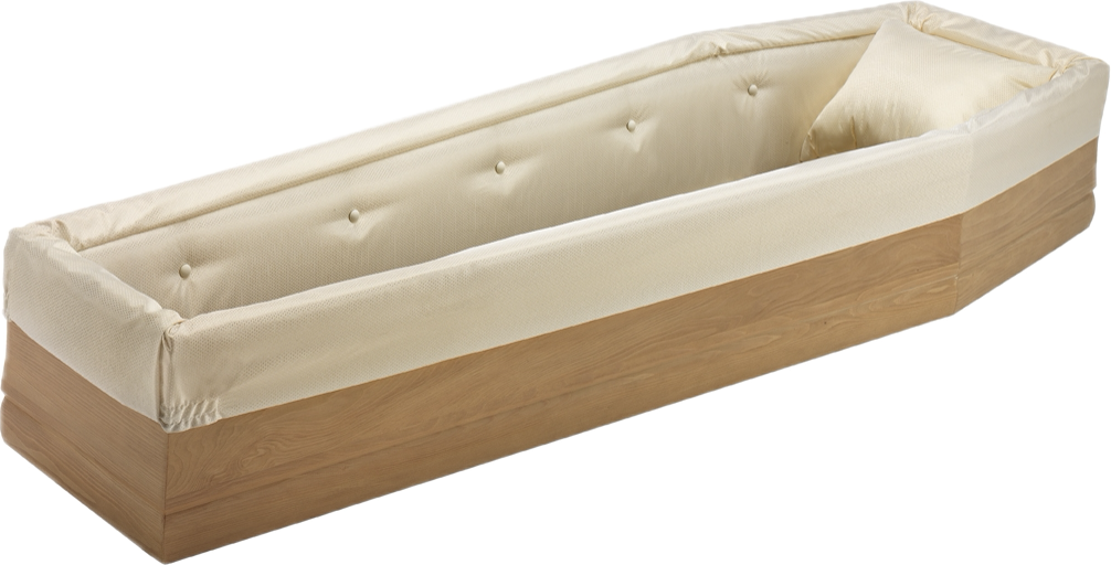 Una bara di legno con una fodera bianca su uno sfondo bianco