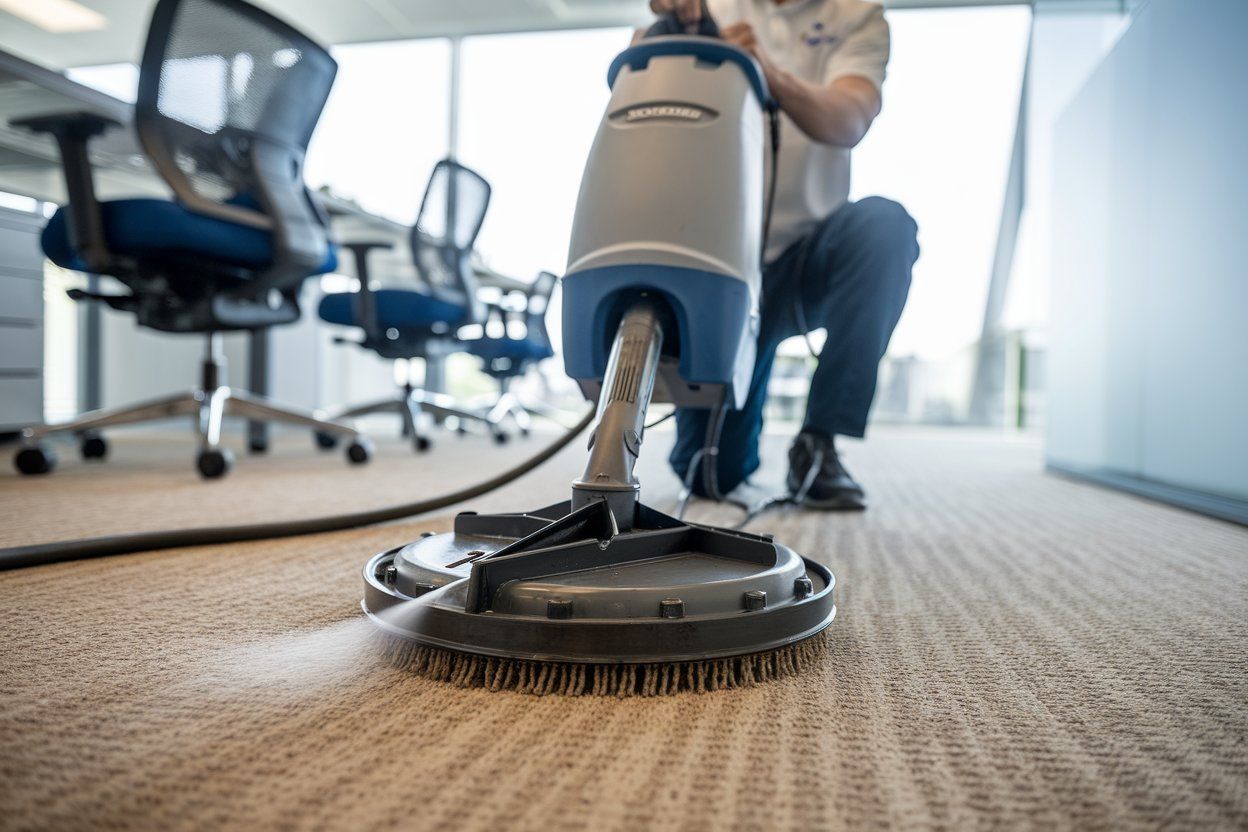 A man is cleaning a carpet with a machine in an office.