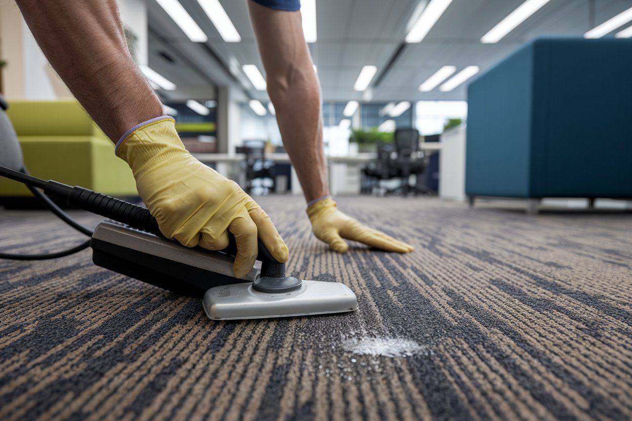 A person is using a vacuum cleaner to clean a carpet in an office.