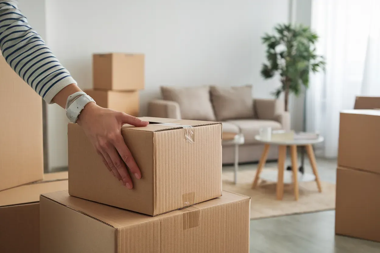 A person is stacking cardboard boxes in a living room.