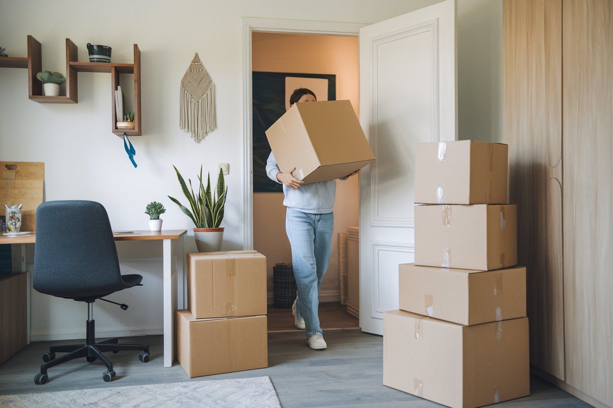 A man is carrying a cardboard box in a room with boxes stacked on top of each other.