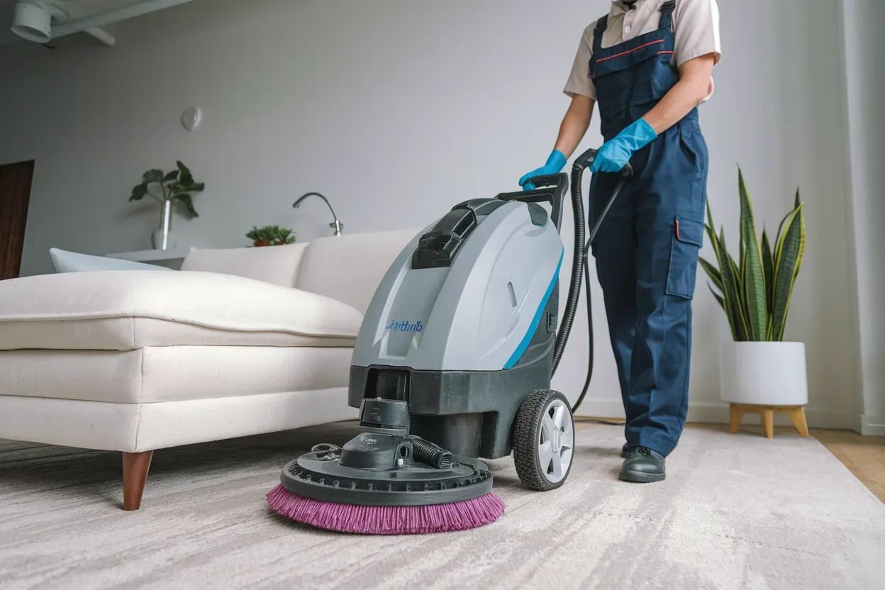 A person is cleaning a carpet with a machine in a living room.