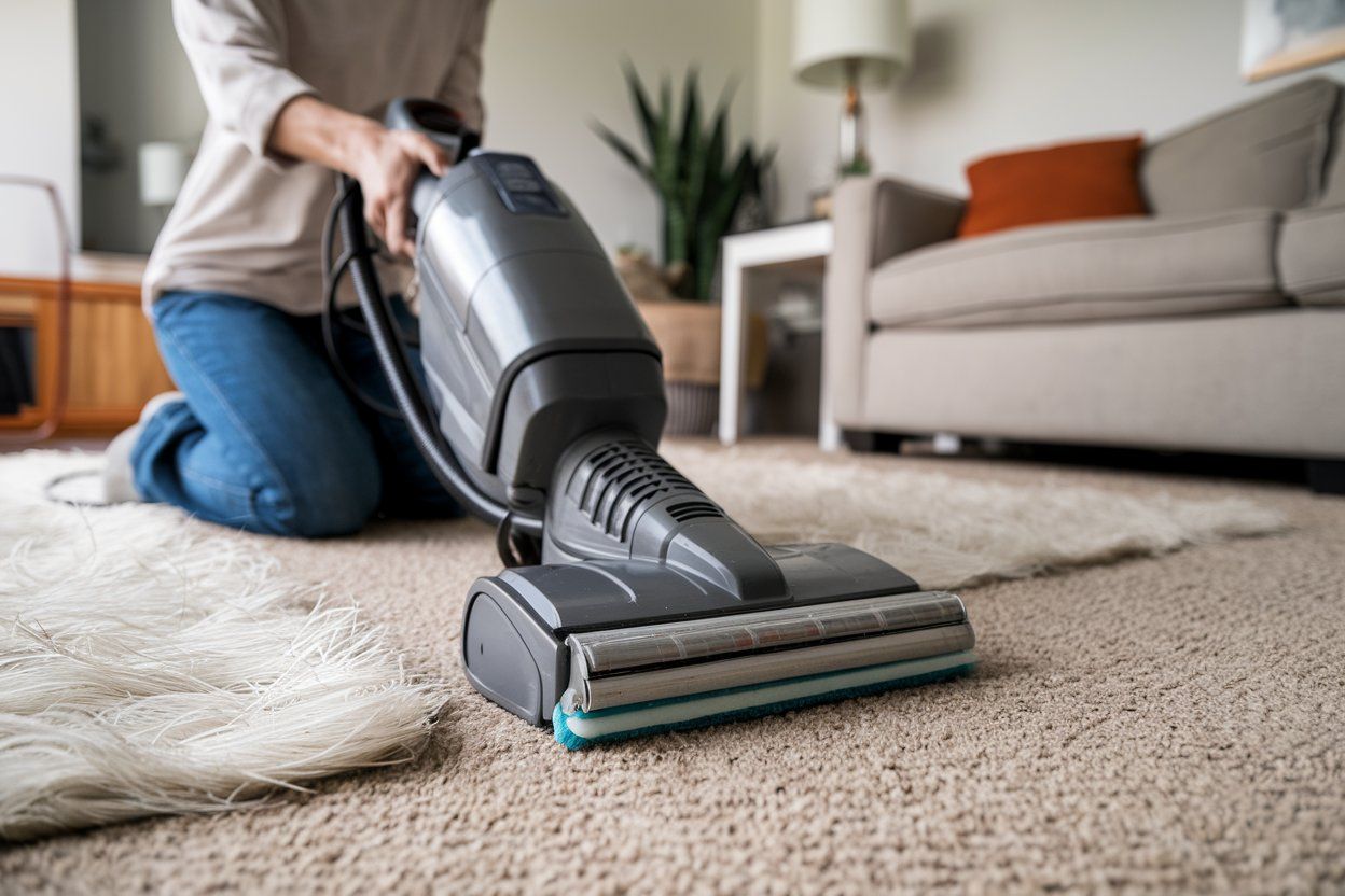 A woman is using a vacuum cleaner to clean a carpet in a living room.