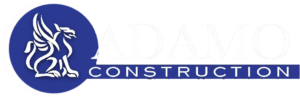 Logo for Adamo Construction: Blue circle with white griffin, white text "ADAMO" and "CONSTRUCTION".