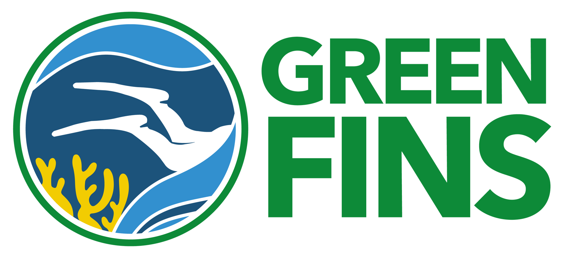 The logo for green fins shows a person swimming in the ocean.