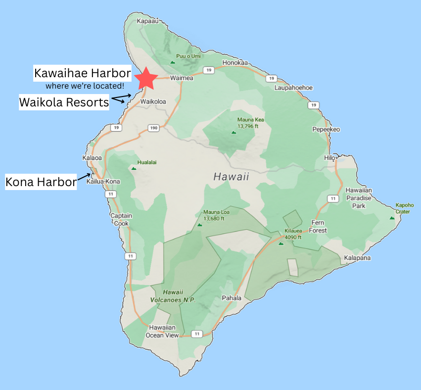 A map of hawaii showing the location of kawaihae harbor and waikola resorts