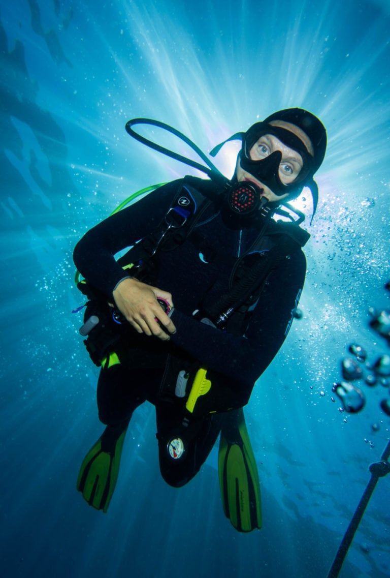 a scuba diver wearing a black wetsuit and green flippers