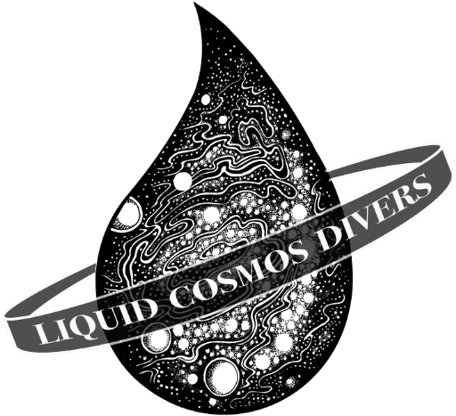 A black and white logo for liquid cosmos divers