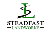 A logo for steadfast landworks with a green letter l