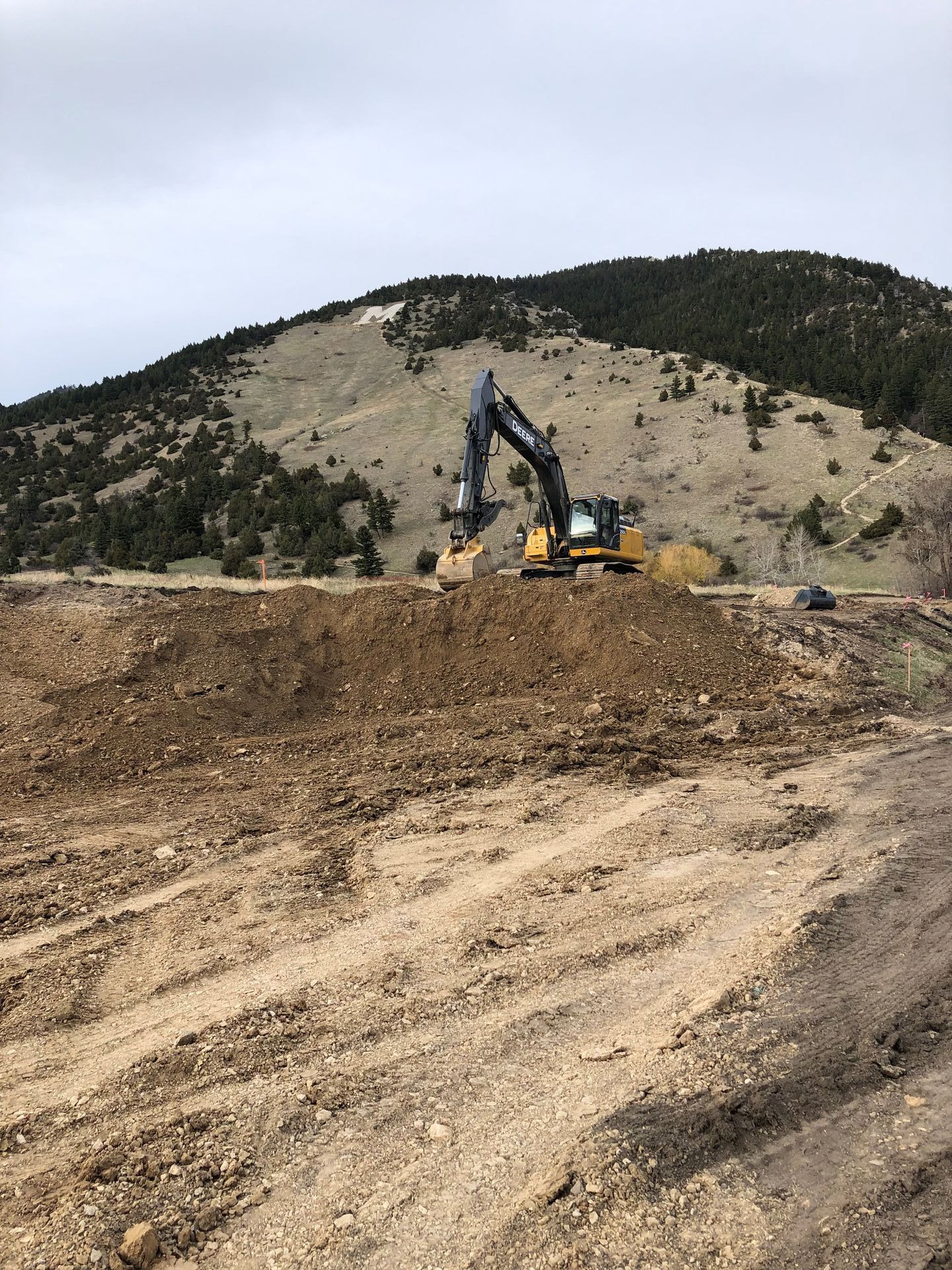 A large excavator is working on a dirt field with a mountain in the background.