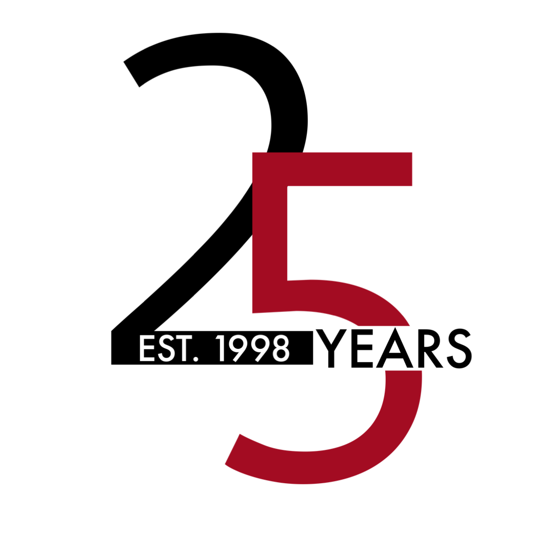 A red and black logo that says 25 years