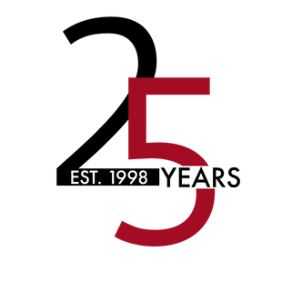 A red and black logo that says 25 years